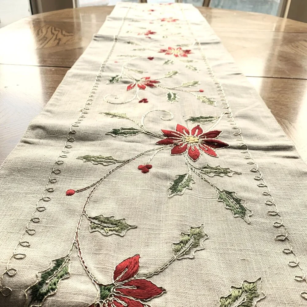 Embroidered Holiday Table Runner 90” | Gold Thread Poinsettias on Linen Blend |